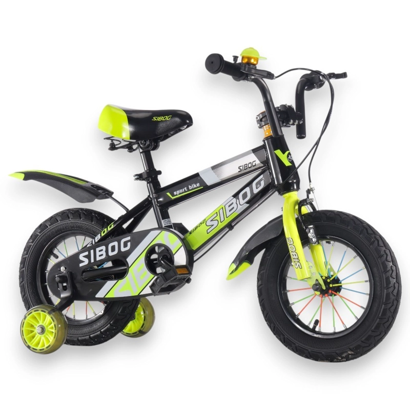 BICICLETA INFANTIL SIBOG ARO 12 CON RUEDAS DE APOYO, FRENOS Y TIMBRE NEGRA AMARILLO - 1