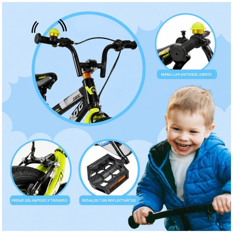 BICICLETA INFANTIL SIBOG ARO 12 CON RUEDAS DE APOYO, FRENOS Y TIMBRE NEGRA AMARILLO - 2