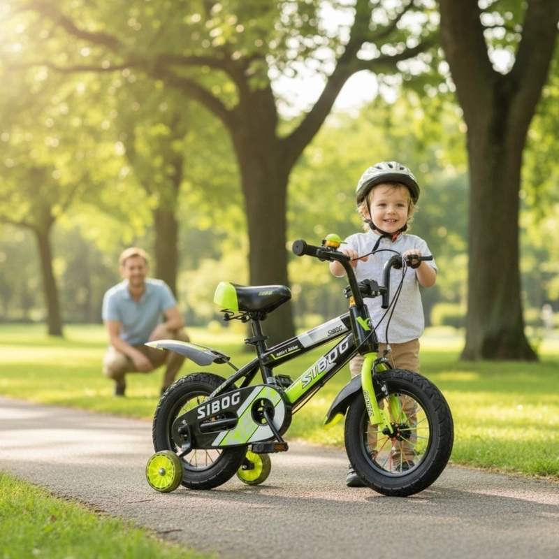 BICICLETA INFANTIL SIBOG ARO 12 CON RUEDAS DE APOYO, FRENOS Y TIMBRE NEGRA AMARILLO - 3