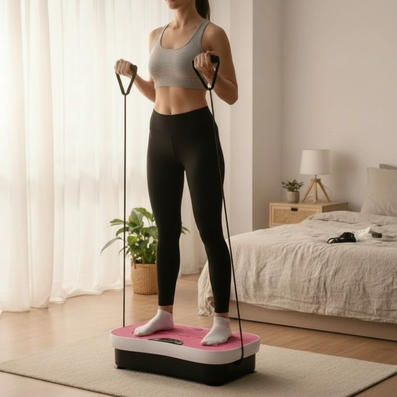 PLATAFORMA VIBRATORIA FITNESS ROSADA CON CONTROL REMOTO Y BANDAS ELASTICAS - 3
