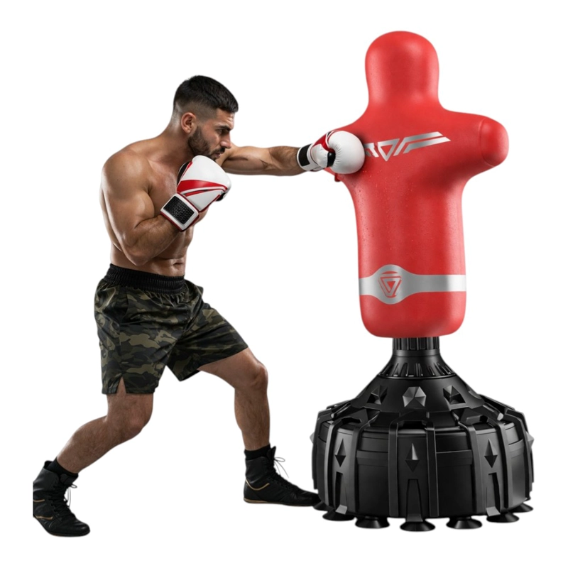 SACO DE BOXEO DE PIE PWRFITNESS MANIQUI 170 CM ROJO CON BASE - 2