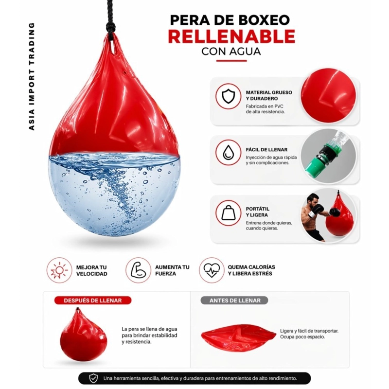 PERA DE BOXEO RELLENABLE CON AGUA ROJA PVC PORTATIL PARA ENTRENAMIENTO - 2