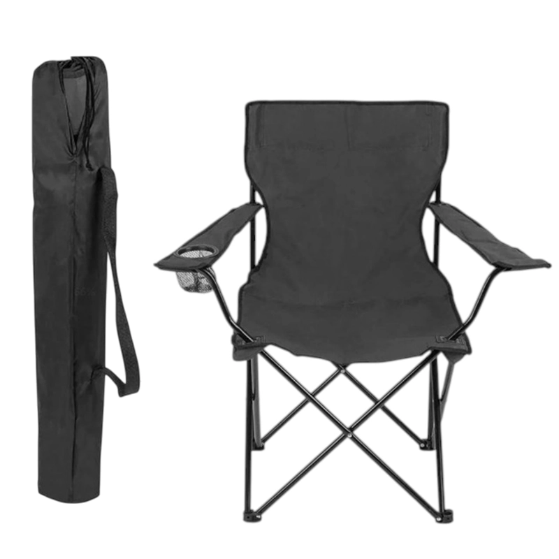 SILLA PLEGABLE CAMPING PWRFITNESS NEGRA CON PORTA VASO Y BOLSO - 1