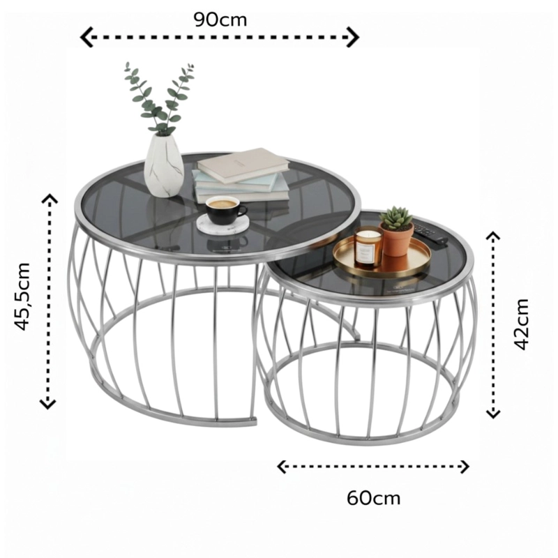 SET 2 MESAS NIDO HOGAR DECODREAMS PLATEADO VIDRIO TEMPLADO AHUMADO ACERO - 2