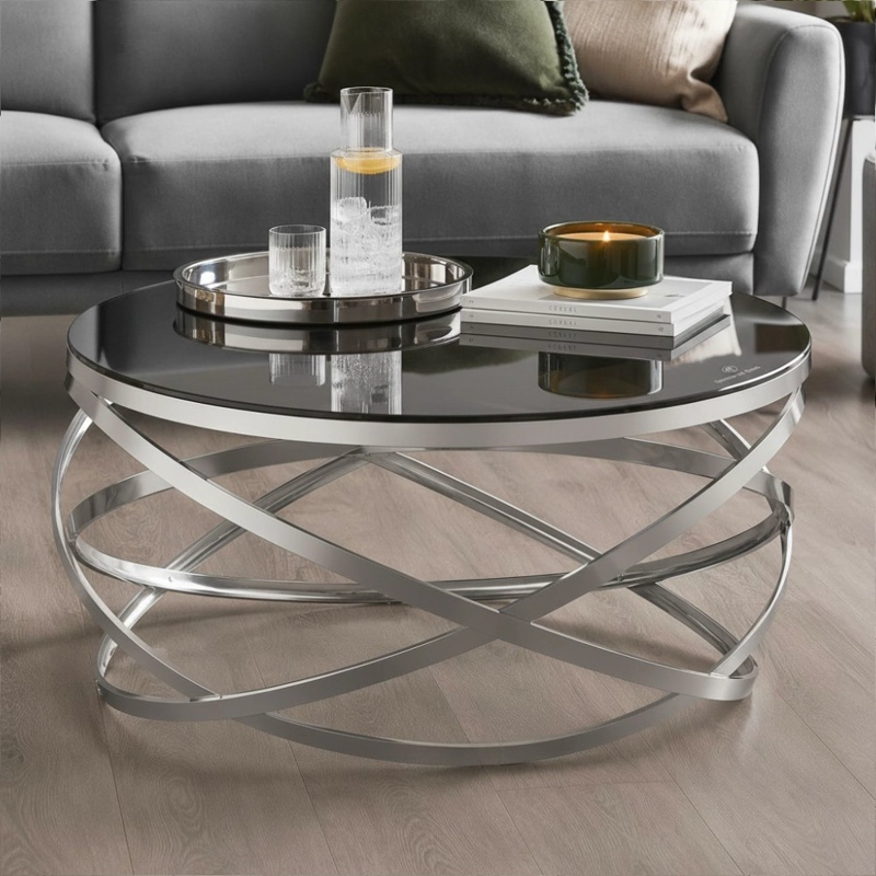 MESA DE CENTRO HOGAR DECODREAMS PLATEADO OSCURO ORBIT VIDRIO NEGRO - 3