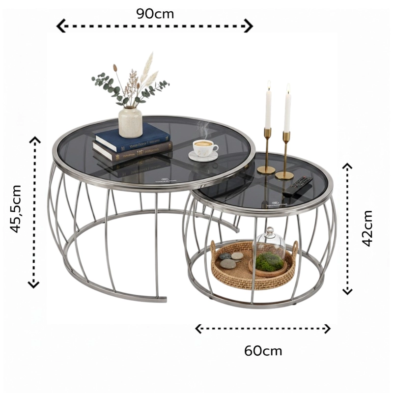SET 2 MESAS NIDO HOGAR DECODREAMS PLATEADO OSCURO VIDRIO NEGRO ACERO - 2