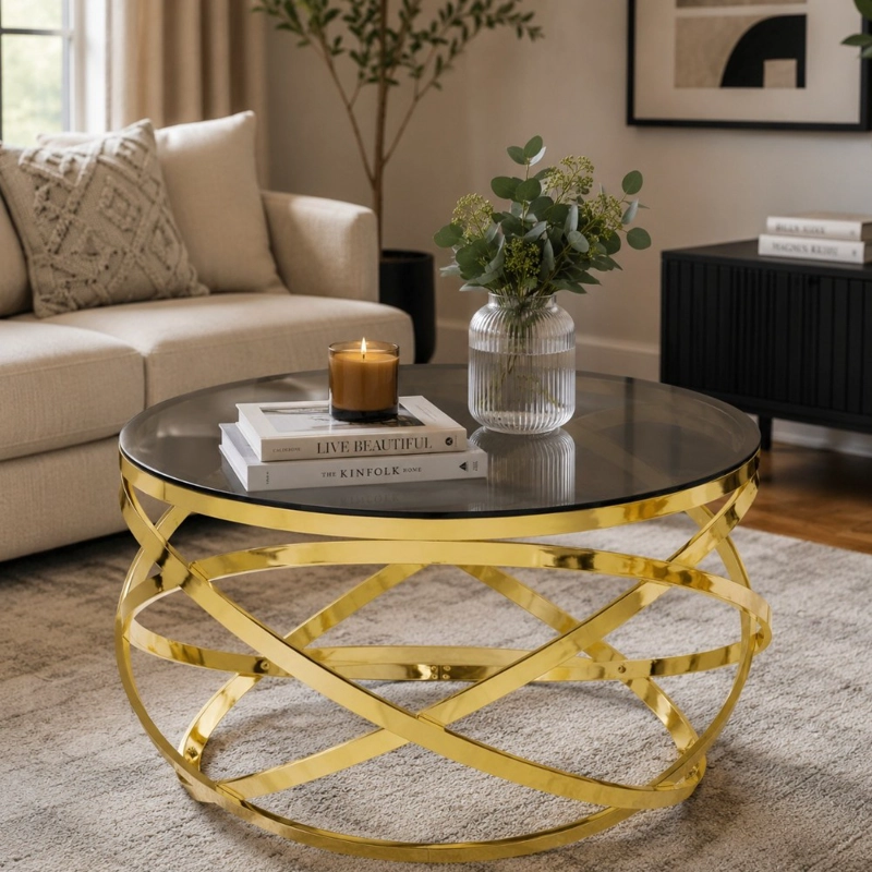 MESA DE CENTRO HOGAR DECODREAMS DORADO ORBIT 90CM VIDRIO TEMPLADO - 3