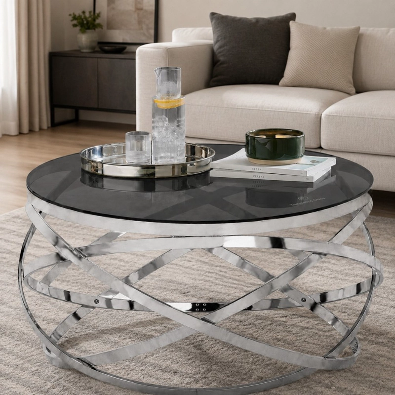 MESA DE CENTRO HOGAR DECODREAMS PLATEADO ORBIT 90CM VIDRIO TEMPLADO - 3
