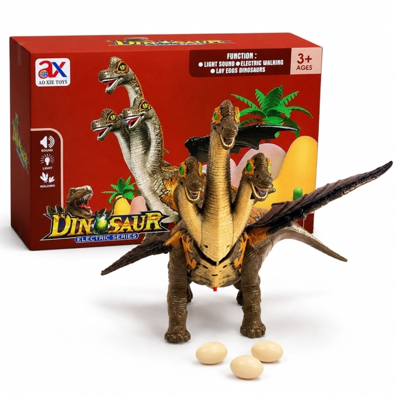 DINOSAURIO ELE CTRICO CAFE  3 CABEZAS CON LUCES SONIDOS MOVIMIENTO Y ALAS MOVILES - 1