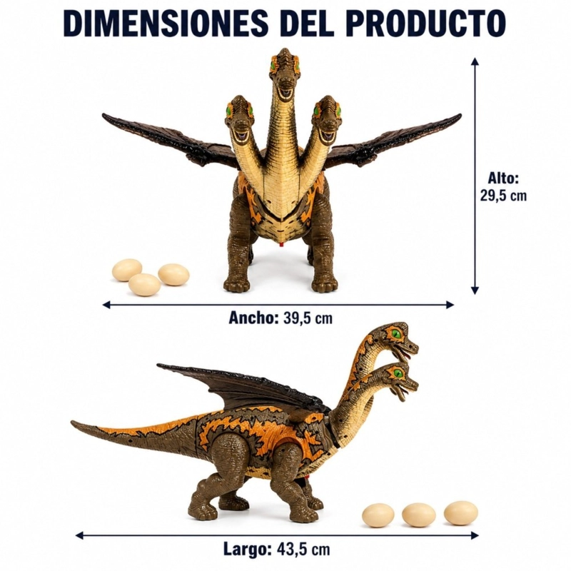 DINOSAURIO ELE CTRICO CAFE  3 CABEZAS CON LUCES SONIDOS MOVIMIENTO Y ALAS MOVILES - 2