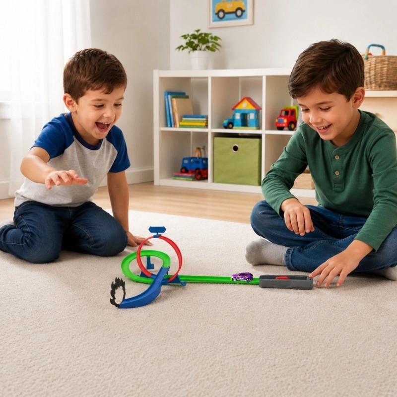 PISTA DE AUTOS INFANTIL MULTICOLOR CON LOOP 360° Y LANZADOR INCLUYE 1 AUTO MORADO - 3