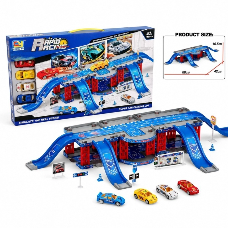 PISTA DE AUTOS INFANTIL AZUL ESTACIONAMIENTO 2 NIVELES CON 4 AUTOS Y ACCESORIOS - 1
