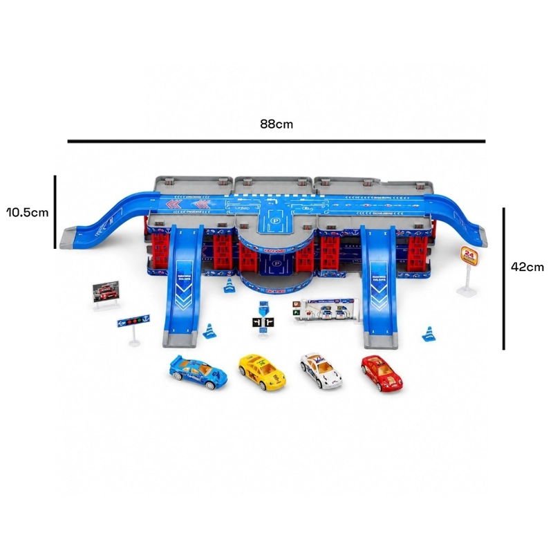 PISTA DE AUTOS INFANTIL AZUL ESTACIONAMIENTO 2 NIVELES CON 4 AUTOS Y ACCESORIOS - 2
