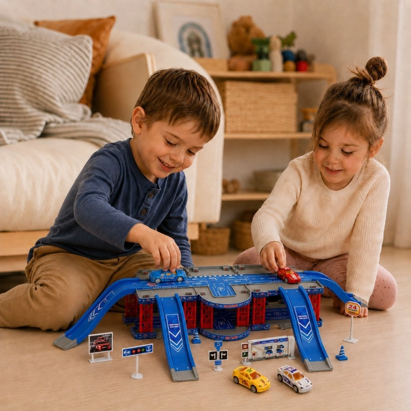 PISTA DE AUTOS INFANTIL AZUL ESTACIONAMIENTO 2 NIVELES CON 4 AUTOS Y ACCESORIOS - 3