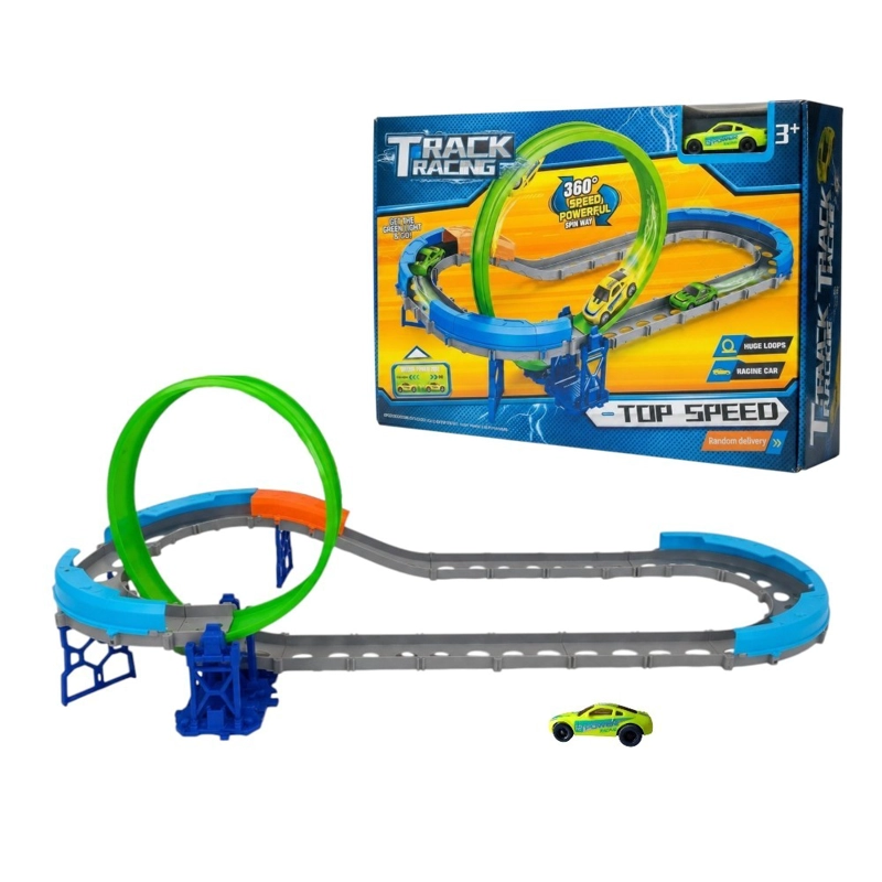 PISTA DE AUTOS INFANTIL AZUL CON LOOP 360° Y 1 AUTO AMARILLO - 1
