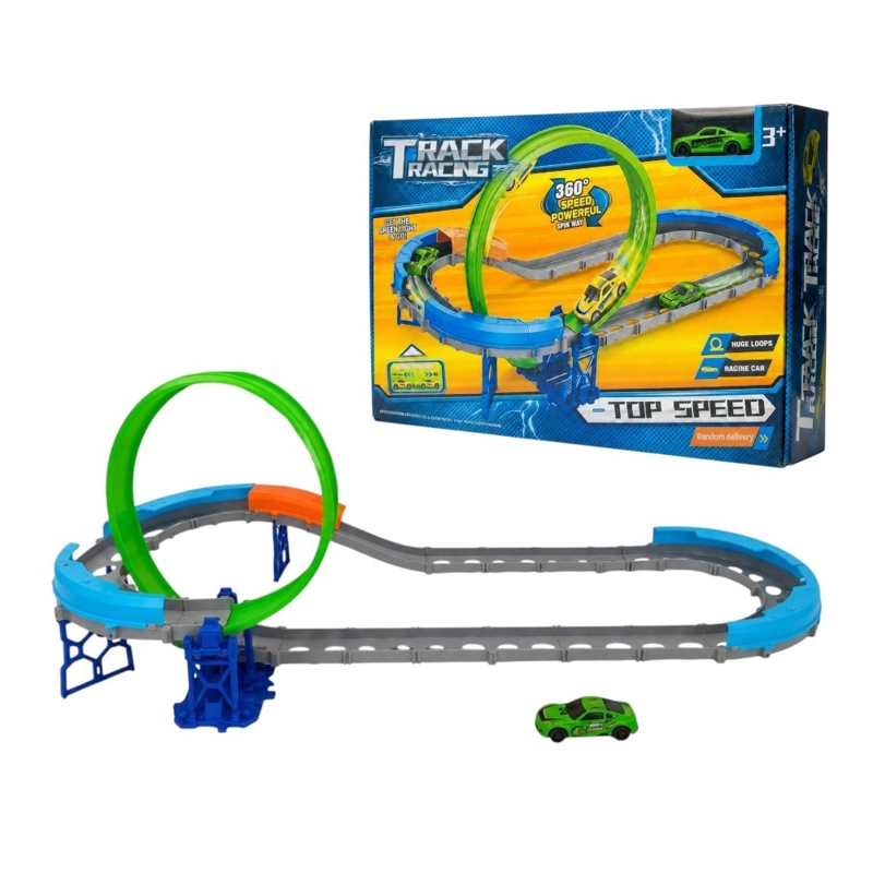 PISTA DE AUTOS INFANTIL AZUL CON LOOP 360° Y 1 AUTO VERDE - 1
