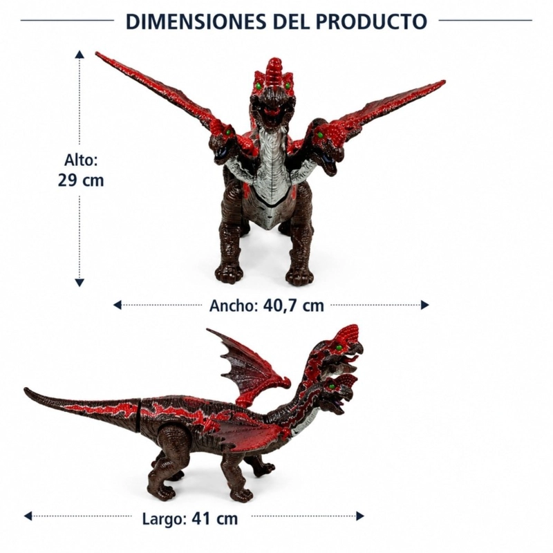 DINOSAURIO INFANTIL ELE CTRICO ROJO TRES CABEZAS CAMINA CON LUCES SONIDOS Y ALAS - 2