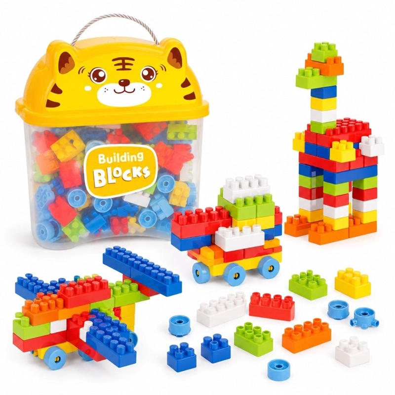 BLOQUES DE CONSTRUCCION INFANTILES KIDSTAR AMARILLO 220 PIEZAS CONTENEDOR EN FORMA DE TIGRE - 1