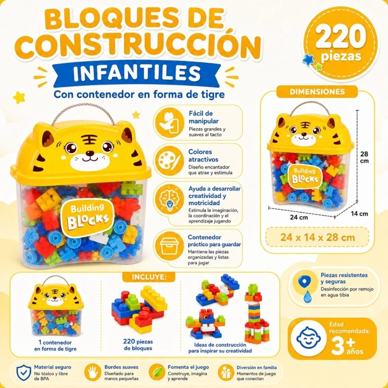 BLOQUES DE CONSTRUCCION INFANTILES KIDSTAR AMARILLO 220 PIEZAS CONTENEDOR EN FORMA DE TIGRE - 2