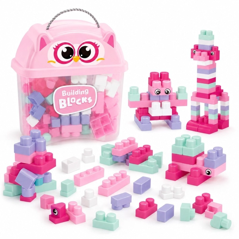 BLOQUES DE CONSTRUCCION INFANTILES KIDSTAR ROSADO 220 PIEZAS CONTENEDOR EN FORMA DE BUHO - 1