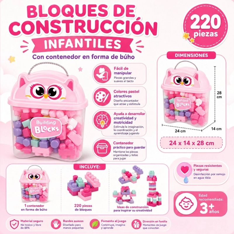 BLOQUES DE CONSTRUCCION INFANTILES KIDSTAR ROSADO 220 PIEZAS CONTENEDOR EN FORMA DE BUHO - 2