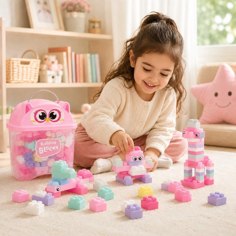 BLOQUES DE CONSTRUCCION INFANTILES KIDSTAR ROSADO 220 PIEZAS CONTENEDOR EN FORMA DE BUHO - 3