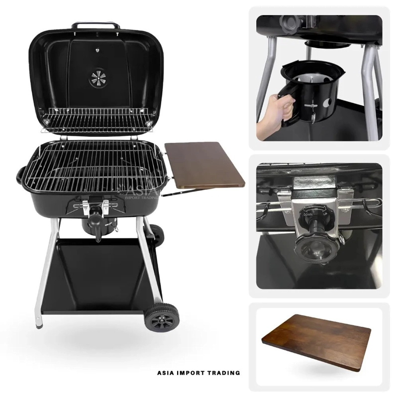 PARRILLA A CARBON HOME&DESIGN NEGRA CON TAPA TERMOMETRO MESA LATERAL Y RUEDAS - 2