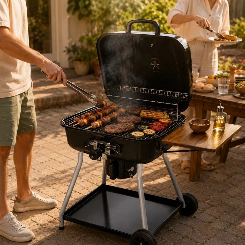 PARRILLA A CARBON HOME&DESIGN NEGRA CON TAPA TERMOMETRO MESA LATERAL Y RUEDAS - 3
