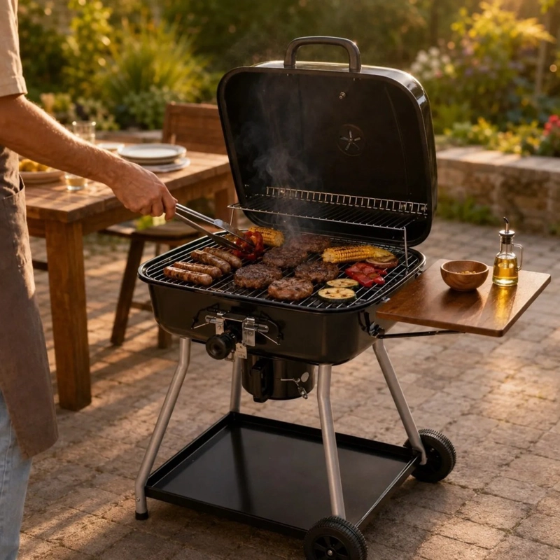 PARRILLA A CARBON HOME&DESIGN NEGRA CON TAPA TERMOMETRO MESA LATERAL Y RUEDAS - 4