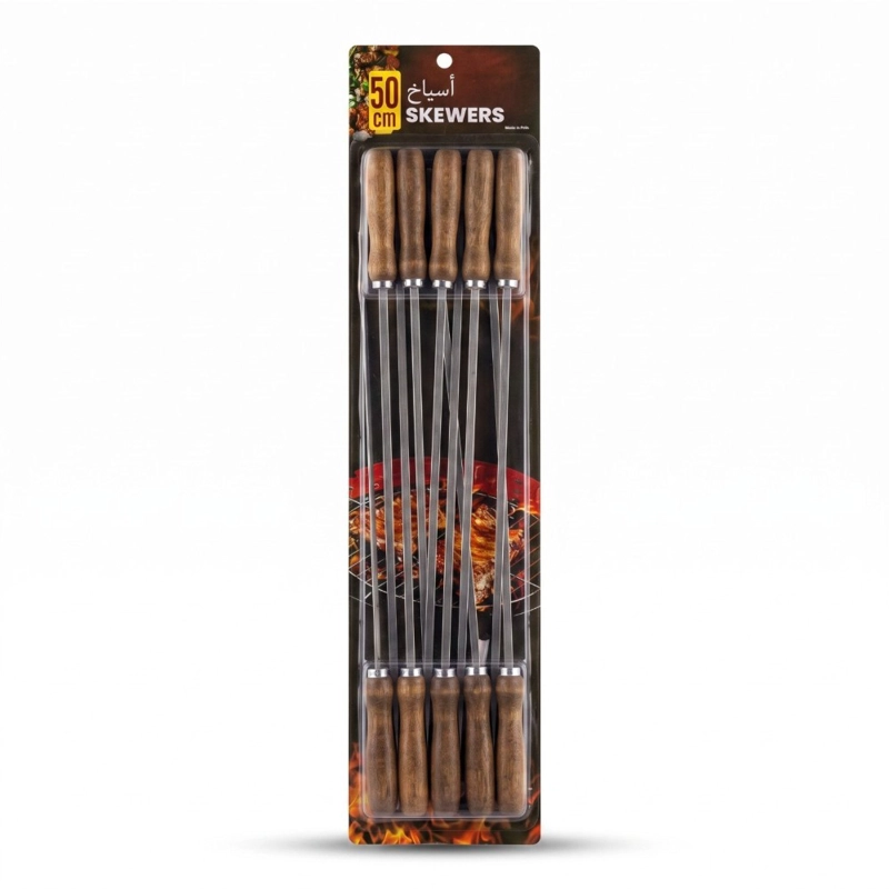 SET 10 PINCHOS PARA ANTICUCHOS HOME&DESIGN PLATEADO 50 CM PLANOS CON MANGO DE MADERA - 1