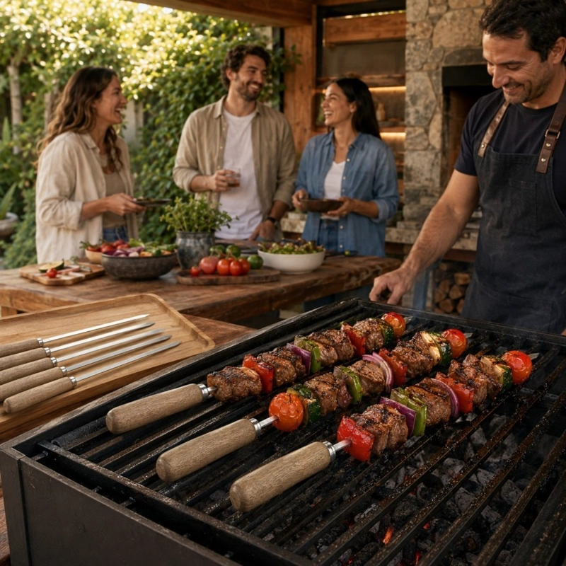 SET 10 PINCHOS PARA ANTICUCHOS HOME&DESIGN PLATEADO 50 CM PLANOS CON MANGO DE MADERA - 3