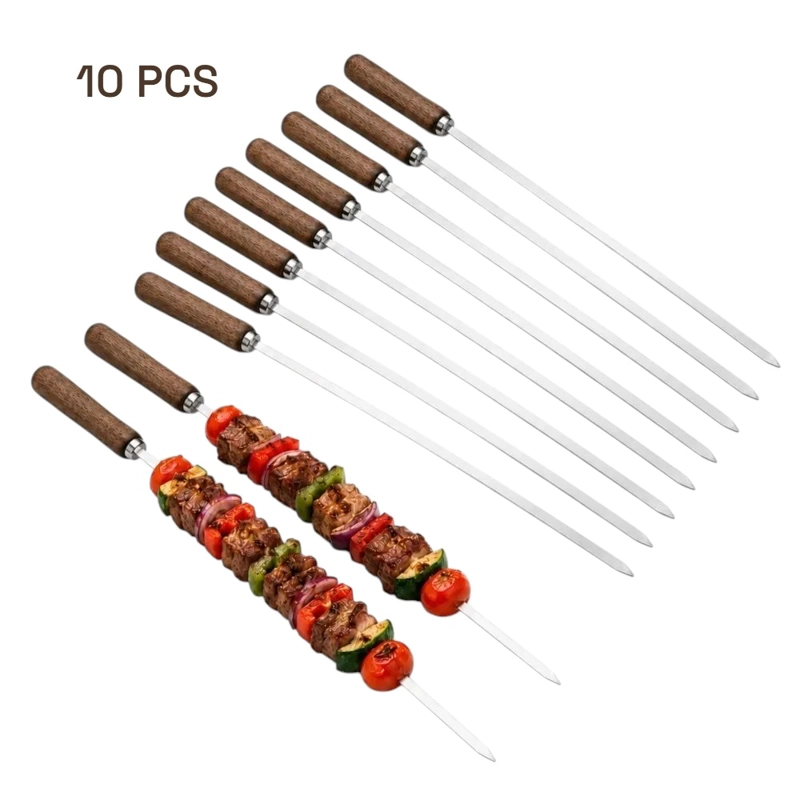 SET 10 PINCHOS PARA ANTICUCHOS HOME&DESIGN PLATEADO 50 CM PLANOS CON MANGO DE MADERA - 4
