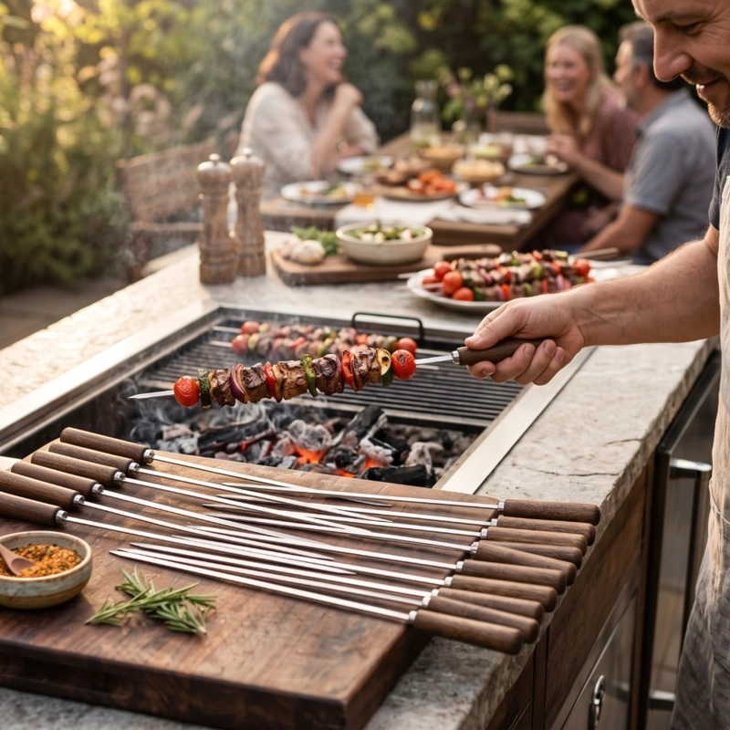 SET 10 PINCHOS PARA ANTICUCHOS HOME&DESIGN PLATEADO 50 CM PLANOS CON MANGO DE MADERA - 5