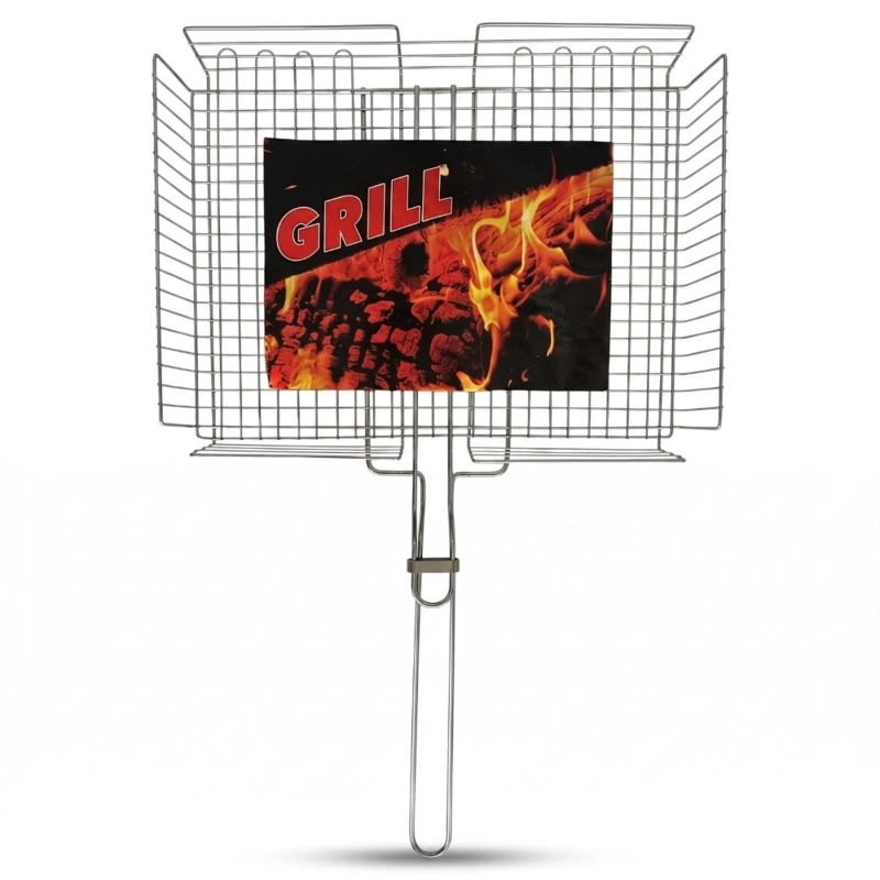 PARRILLA CANASTO HOME&DESIGN PLATEADO DOBLE REJILLA CON MANGO PARA ASADOS - 1