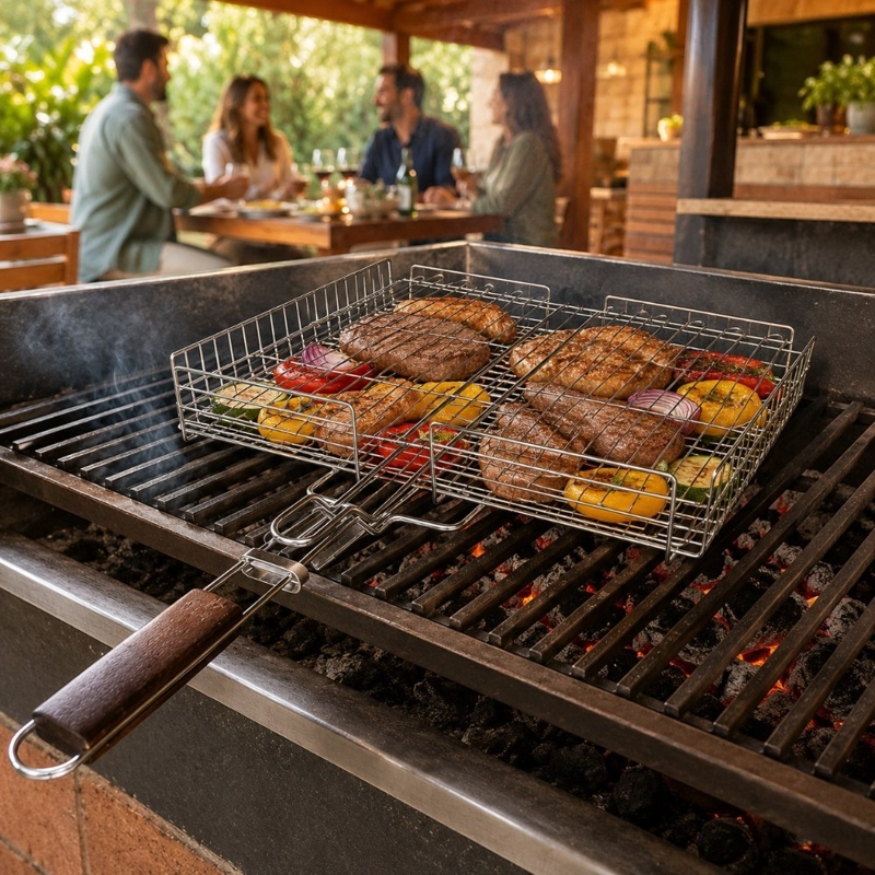 PARRILLA CANASTO HOME&DESIGN PLATEADO DOBLE REJILLA CON MANGO PARA ASADOS - 3
