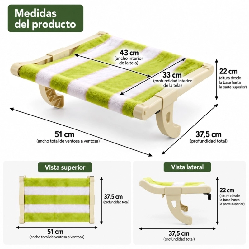 CAMA COLGANTE PARA GATO HOME&DESIGN VERDE AJUSTABLE PARA VENTANA 43X35 CM - 2