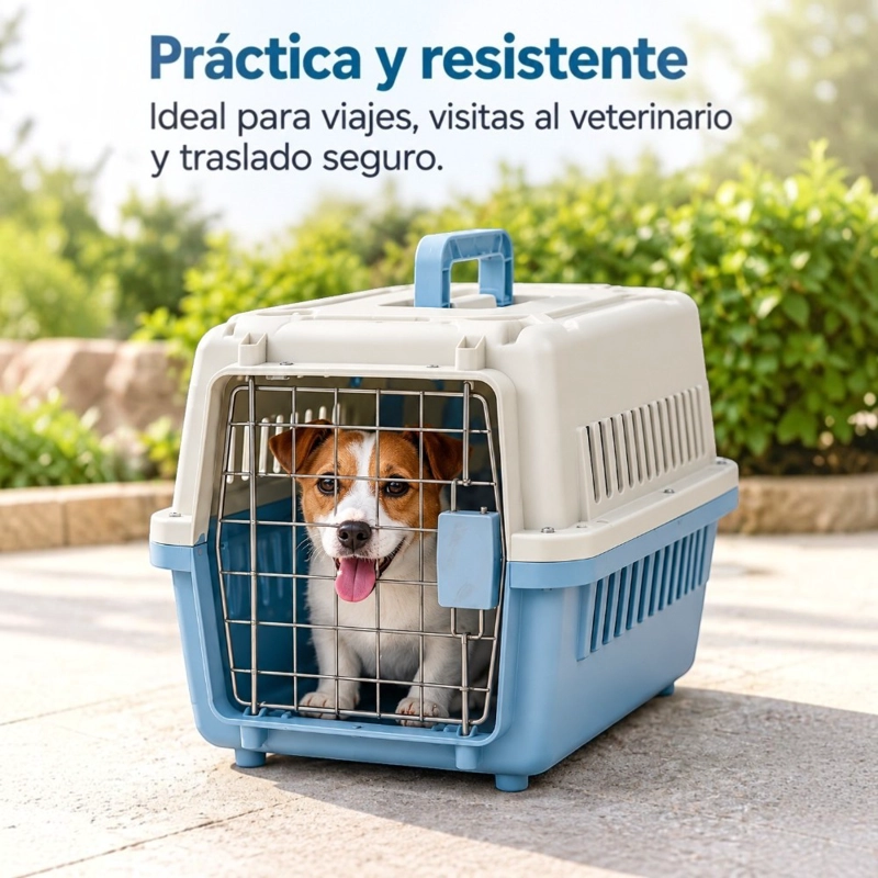 JAULA TRANSPORTADORA PARA MASCOTAS HOME&DESIGN CELESTE BEIGE 57 CM PUERTA METALICA - 3