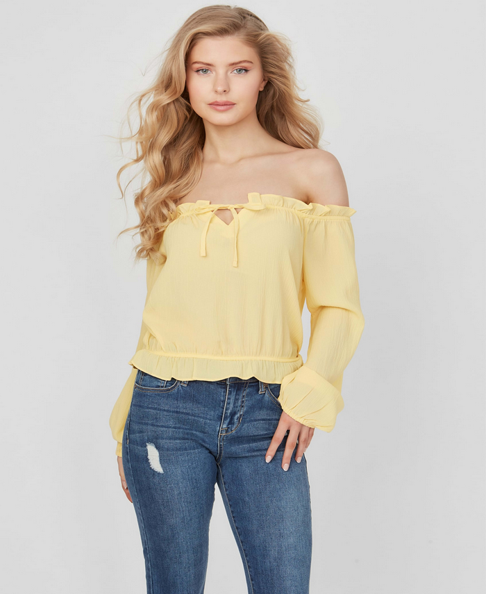 トップス lgb BLUSA LS GALLIA OFF SHLDR AMARILLO GUESS