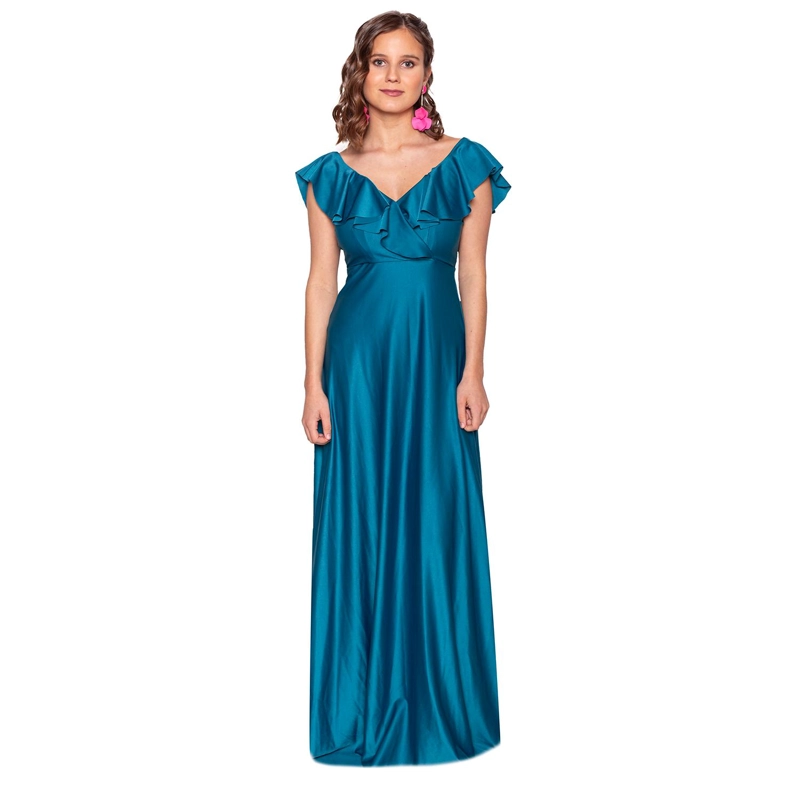 VESTIDO LARGO MUJER MARIA PASKARO PETROLEO MARKEN LYCRA VUELO GRANDE - 1