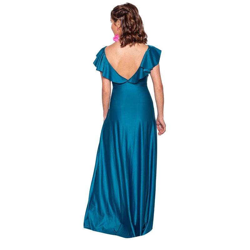 VESTIDO LARGO MUJER MARIA PASKARO PETROLEO MARKEN LYCRA VUELO GRANDE - 3