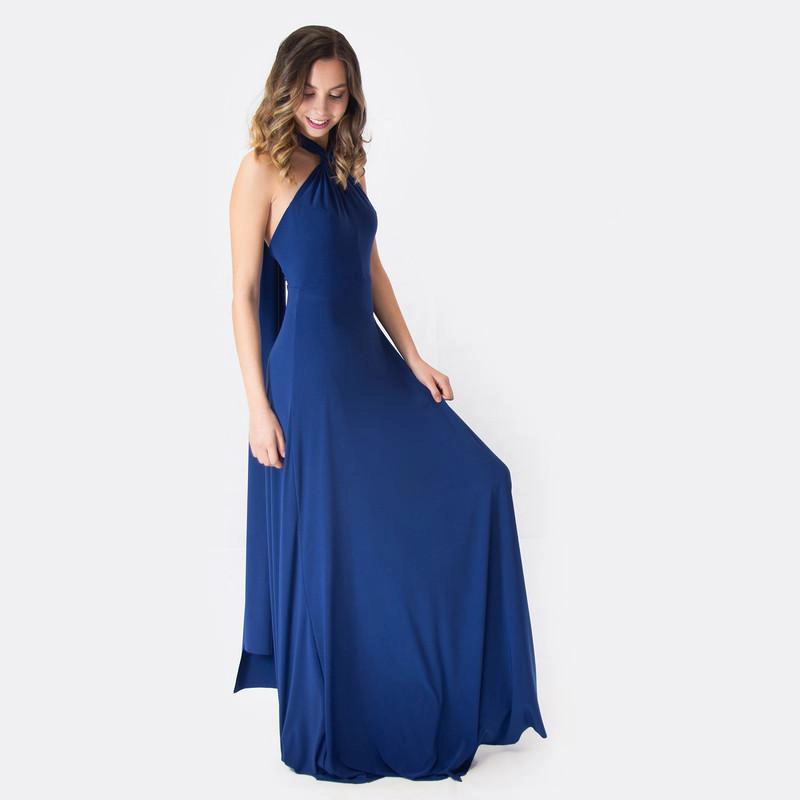VESTIDO LARGO OPORTO AZUL MARINO LYCRA HALTER AMARRA MARIA PASKARO - 1
