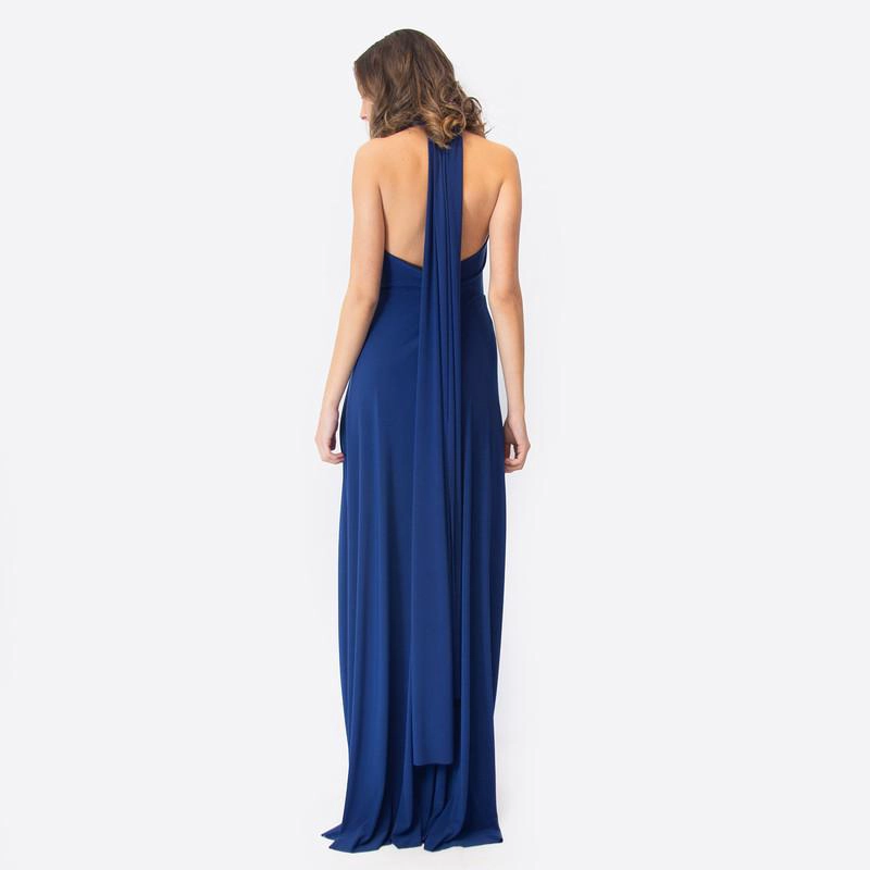 VESTIDO LARGO OPORTO AZUL MARINO LYCRA HALTER AMARRA MARIA PASKARO - 2