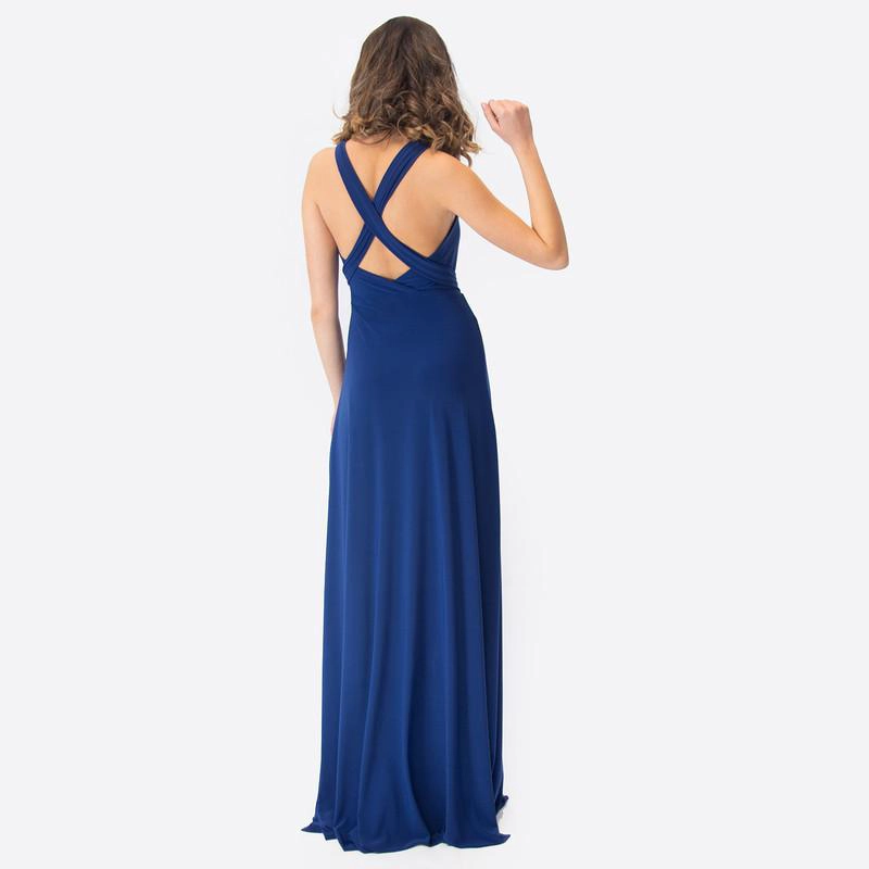 VESTIDO LARGO OPORTO AZUL MARINO LYCRA HALTER AMARRA MARIA PASKARO - 3