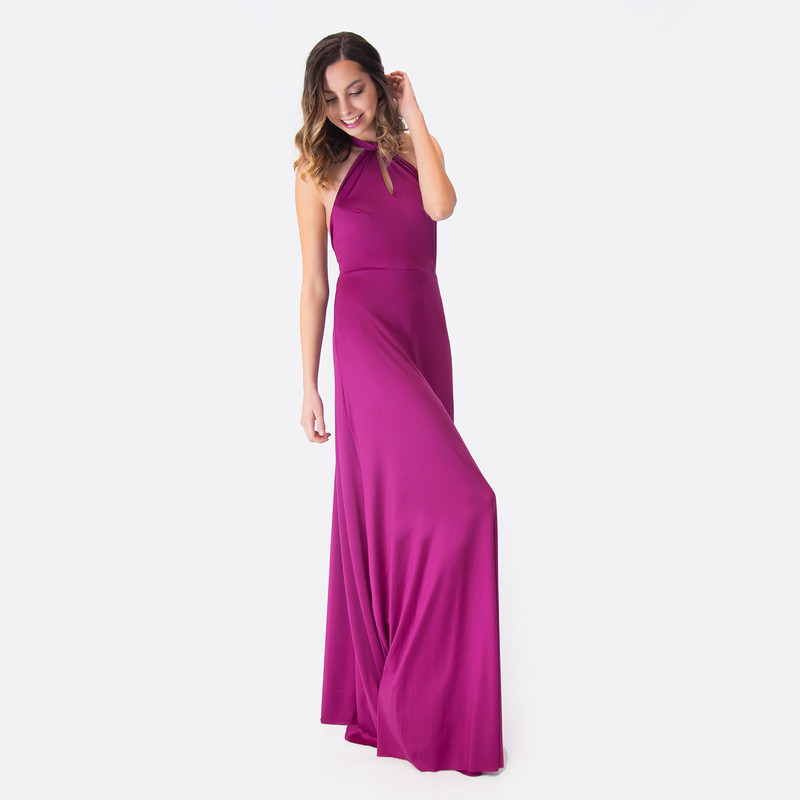 VESTIDO LARGO OPORTO MAGENTA LYCRA HALTER AMARRA MARIA PASKARO - 2