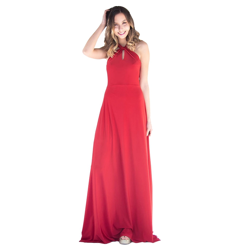 VESTIDO LARGO OPORTO ROJO ITALIANO LYCRA HALTER AMARRA MARIA PASKARO - 1