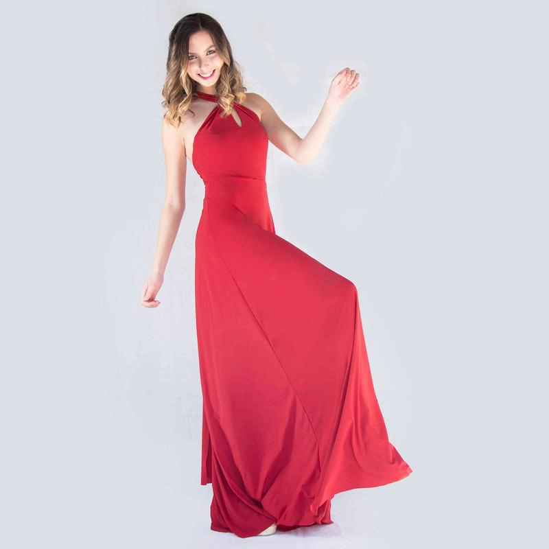 VESTIDO LARGO OPORTO ROJO ITALIANO LYCRA HALTER AMARRA MARIA PASKARO - 2