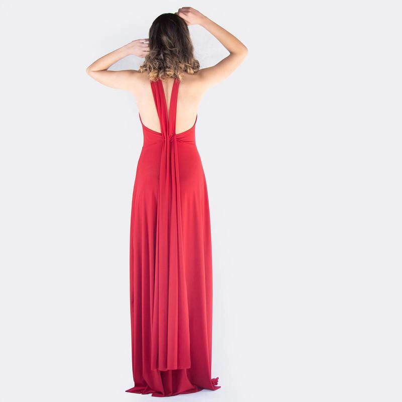 VESTIDO LARGO OPORTO ROJO ITALIANO LYCRA HALTER AMARRA MARIA PASKARO - 3