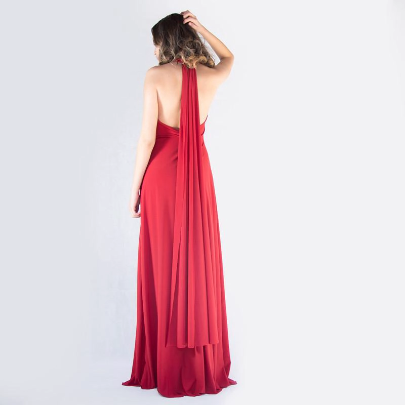 VESTIDO LARGO OPORTO ROJO ITALIANO LYCRA HALTER AMARRA MARIA PASKARO - 4