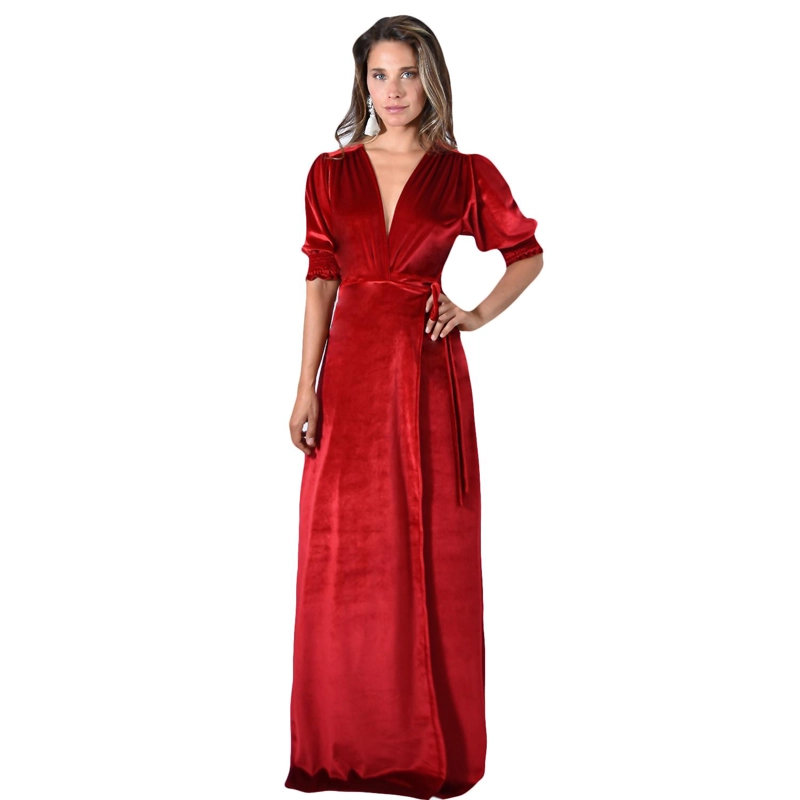 VESTIDO LARGO SEVILLA ROJO TERCIOPELO MANGA CORTA GLOBO MARIA PASKARO - 1