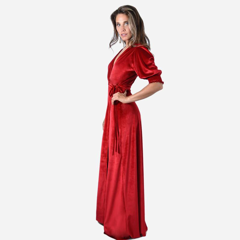 VESTIDO LARGO SEVILLA ROJO TERCIOPELO MANGA CORTA GLOBO MARIA PASKARO - 2